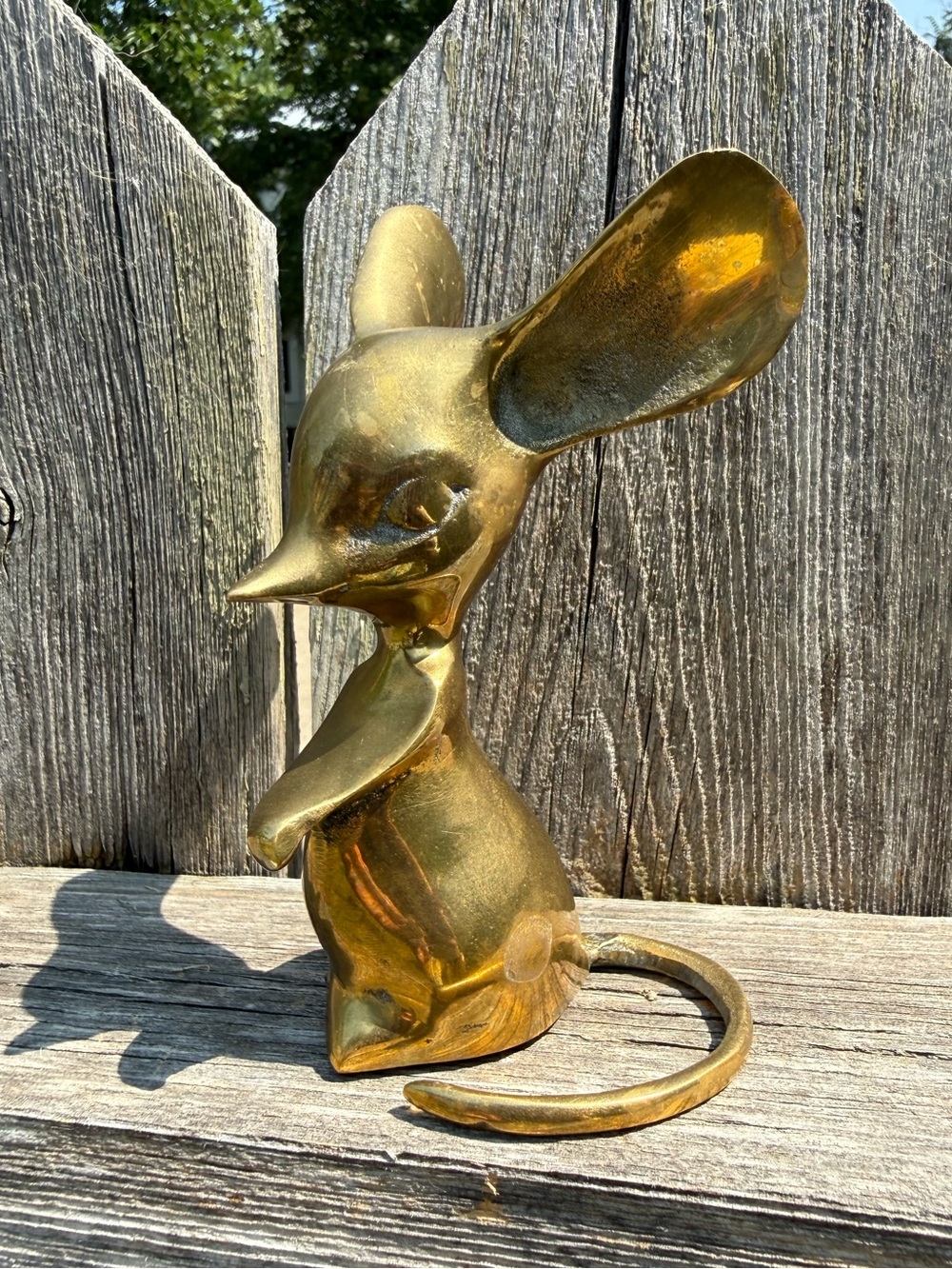 Vintage Brass Mouse Figurine Big Ears Long Tail Modernist MCM Paperweight Decor